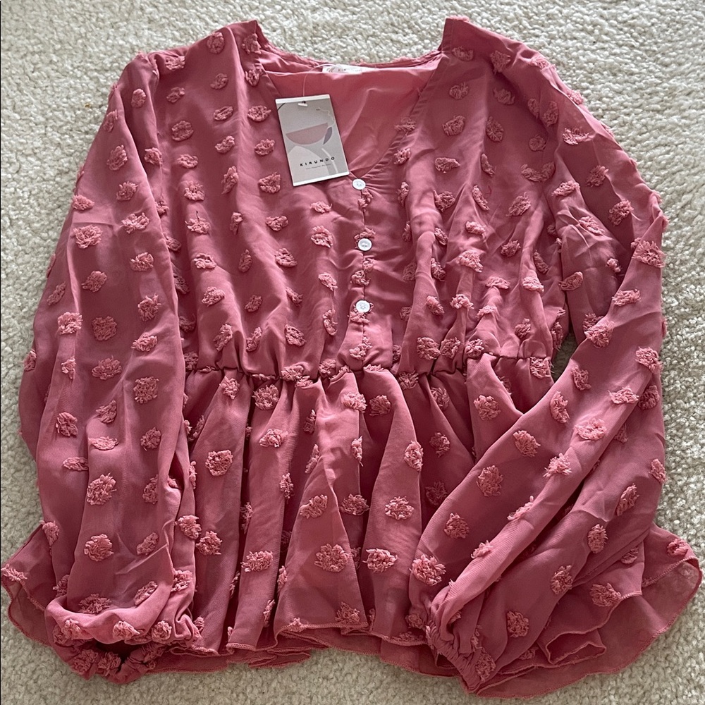 New with tag Kirundo v-neck Swiss dot chiffon peplum blouse - size small